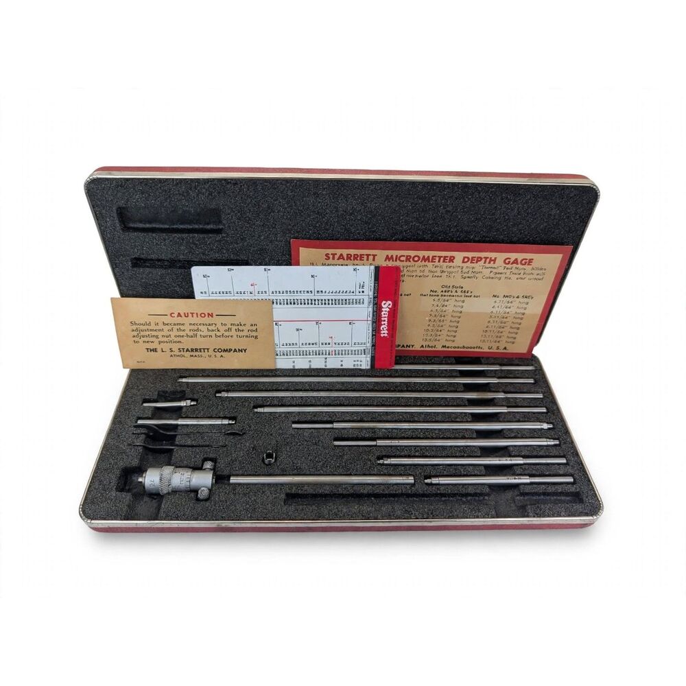 Starrett No 445 Depth Micrometer Set 0-9" 9 Rods Ratchet Stop Machinist Tool Cas